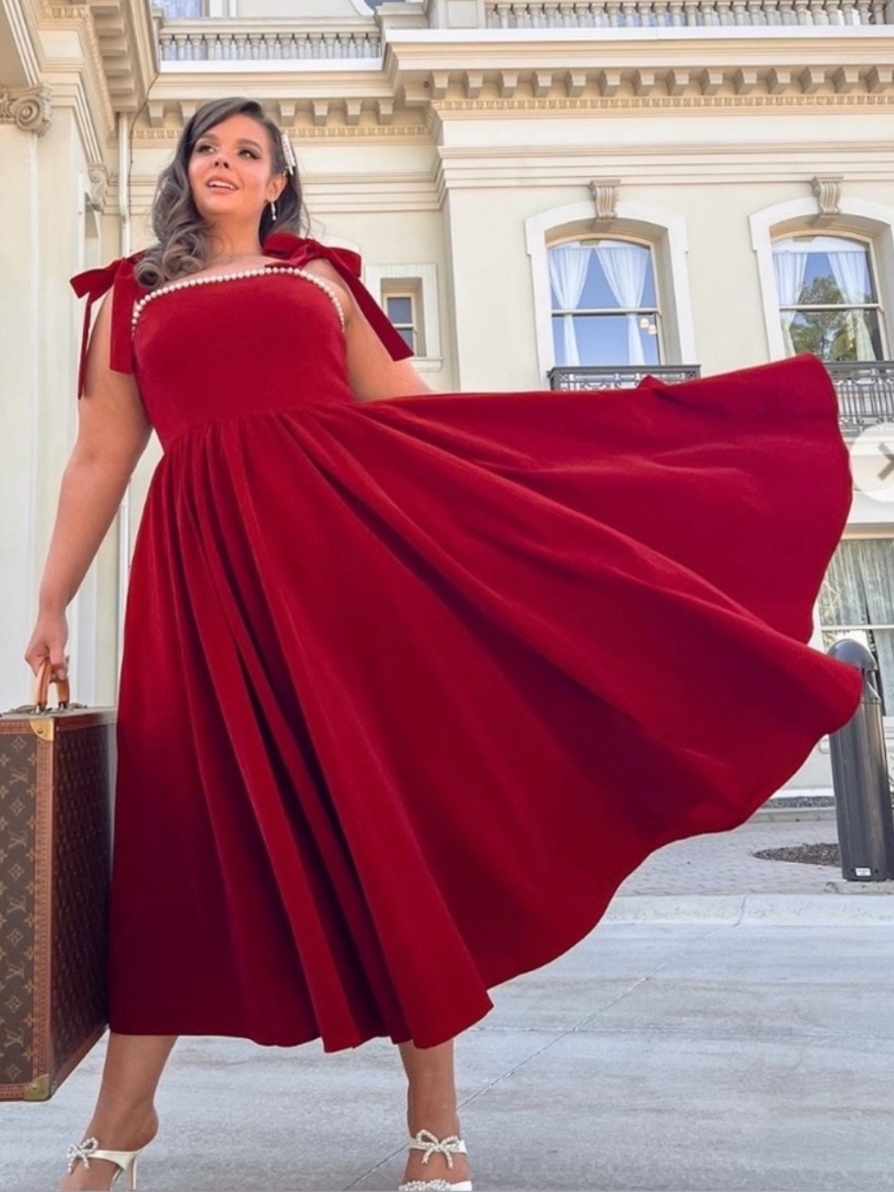 Jessakae Red velvet "Mary" Holiday dress Bows Pearls Trim plus size 2x